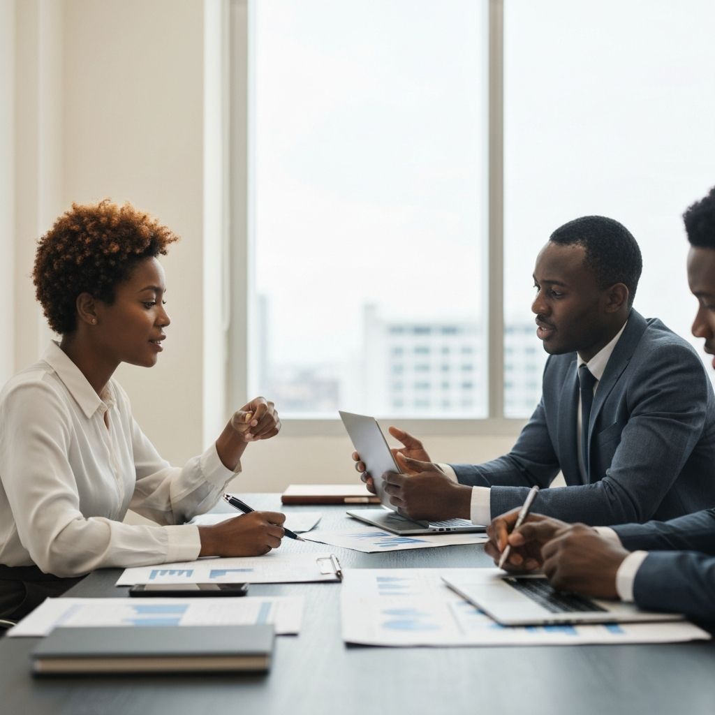 Professional African business experts discussing high-level strategy and financial data