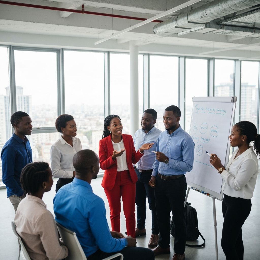 African business team collaborating in a modern, high-tech office environment